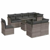 9-delige Loungeset met kussens poly rattan grijs - thumbnail