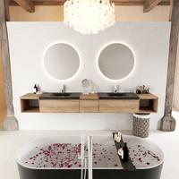 MONDIAZ BUKLA 280cm badmeubel met open module 40 L+R kleur Washed Oak met 3 lades. Wastafel CLOUD dubbel 2 kraangaten kleur Urban. - thumbnail