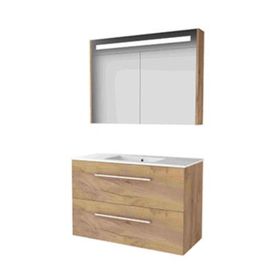 Basic-Line Premium 46 Badkamermeubelset - 100 x 46 cm - Met Grepen - 2 Lades - Keramische Wastafel - 1 Kraangat - Spiegelkast met LED Verlichting - Whisky Oak