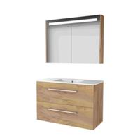 Basic-Line Premium 46 Badkamermeubelset - 100 x 46 cm - Met Grepen - 2 Lades - Keramische Wastafel - 1 Kraangat - Spiegelkast met LED Verlichting - Whisky Oak - thumbnail