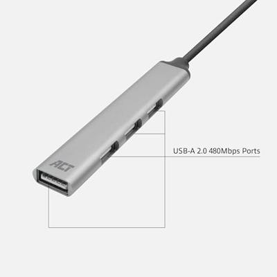 ACT AC6225 USB-A Hub 2.0 | 4-poorts USB-A | Aluminium | Kabellengte 18cm