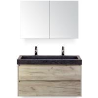 Dante Badmeubelset 100 cm - Craft Oak - Wastafel Hardsteen Wit Lucca 2 Kraangaten met Spiegelkast - thumbnail
