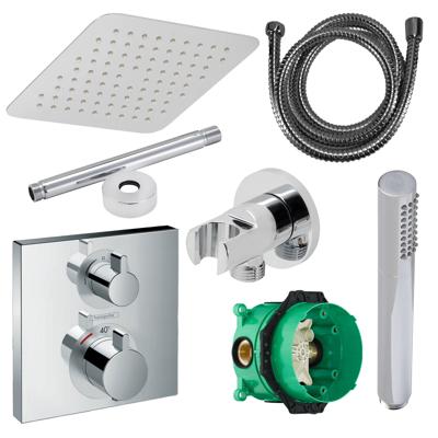 Hansgrohe Ecostat Regendoucheset Inbouw Plafonduitloop met Handdouche en Hoofddouche 30cm Thermostaat Vierkant Chroom Hansgrohe Ecostat Regendoucheset Inbouw Plafonduitloop met Handdouche en Hoofddouche 30cm Thermostaat Vierkant Chroom