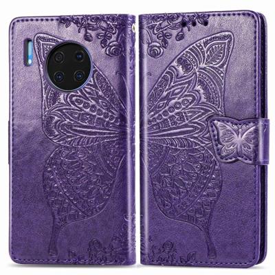 Voor Huawei mate 30 Pro Butterfly Love Flower reliëf horizontale Flip lederen draagtas met beugel/kaartsleuf/portemonnee/Lanyard (donker paars)