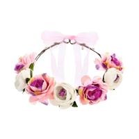 PartyDeco Slinger met bloemen in roze en wit, hoofdband met bloemen, slinger voor festivals, decoratie, boho, rustieke haaraccessoires voor dames, nachtfeest, bruiloft - thumbnail