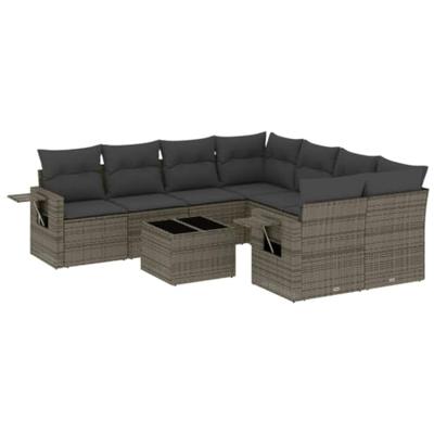9-delige Loungeset met kussens poly rattan grijs