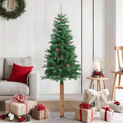 Kerstboom met echt hout en dennenappels smal 150 cm PVC groen