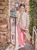 Mouwloos meisjesvestje van sherpa met luipaardprint ecru - thumbnail