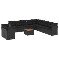 12-delige Loungeset met kussens poly rattan zwart - thumbnail
