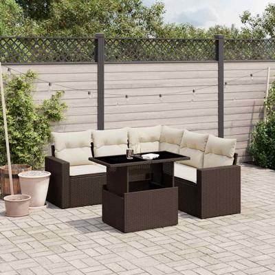 6-delige Loungeset met kussens poly rattan bruin