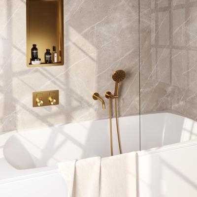 Gold Edition thermostatische inbouw badkraan SET met drukknoppen, uitloop, handdouche en wandaansluitbocht (goud geborsteld PVD)