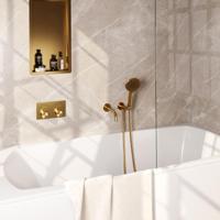 Gold Edition thermostatische inbouw badkraan SET met drukknoppen, uitloop, handdouche en wandaansluitbocht (goud geborsteld PVD) - thumbnail