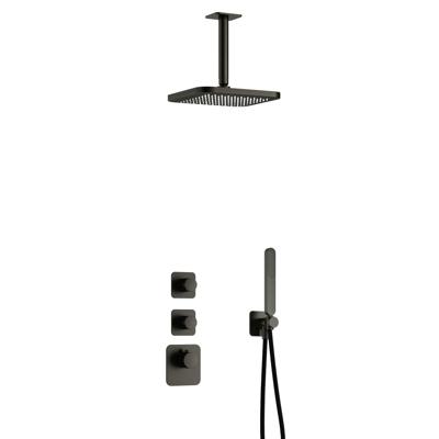 Hotbath Gal - Inbouw Regendoucheset - Geborsteld Gunmetal PVD - 2 Stopkranen - Thermostatisch - Plafondbuis 15 cm - Hoofddouche 220 mm - Staafhanddouche - V01