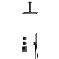 Hotbath Gal - Inbouw Regendoucheset - Geborsteld Gunmetal PVD - 2 Stopkranen - Thermostatisch - Plafondbuis 15 cm - Hoofddouche 220 mm - Staafhanddouche - V01 - thumbnail