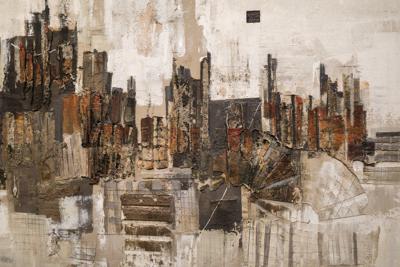 Schilderij - Stad in abstractie (print van handgeschilderd) , Beige bruin , 2 maten , Premium print