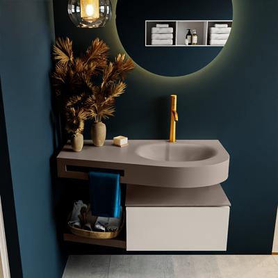 MONDIAZ RIVA 100cm badmeubel onderkast / planchet kleur Linen met 1 lade. Wastafel DULCET rechts 1 kraangat kleur Smoke.