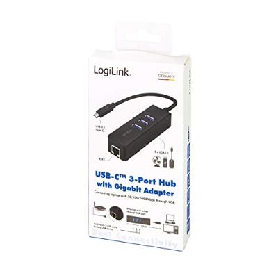 LogiLink USB 3.2 Gen 1 (USB 3.0) Adapter [1x USB 3.2 Gen 1 stekker C (USB 3.0) - 1x RJ45-bus, USB 3.2 Gen 1 bus A (USB 3.0)] USB-C 3-Port Hub with Gigabit