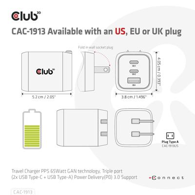 Club 3D Travel Charger 65W GaN oplader