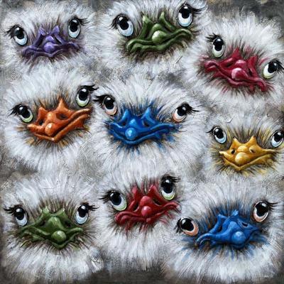 Schilderij - Metaalschilderij - Gekleurde vogels ,100x100cm, 3D schilderij