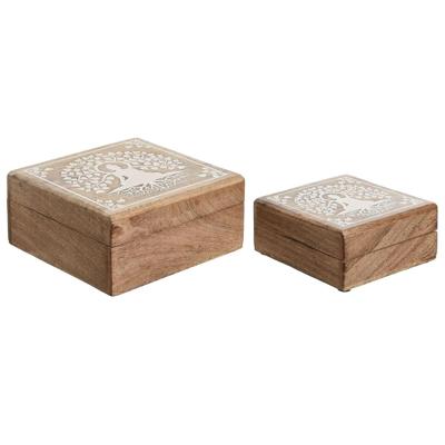 Doos-Juwelenkistje Home ESPRIT Wit Natuurlijk Mangohout 18 x 18 x 9 cm (2 Onderdelen)