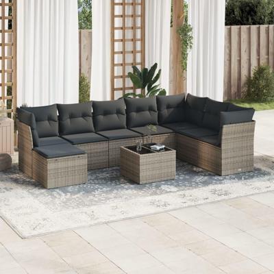9-delige Loungeset met kussens poly rattan grijs