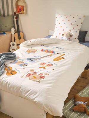 Bedset dekbedovertrek + kussensloop voor kinderen MUSIQUE LEXIQUE met gerecycled katoen wit, bedrukt
