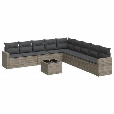 9-delige Loungeset met kussens poly rattan grijs