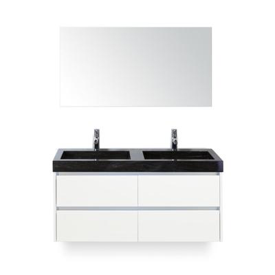 Dante Badmeubelset 120 cm - Wit Hoogglans - Wastafel Hardsteen Wit Lucca Dubbel - met Spiegel
