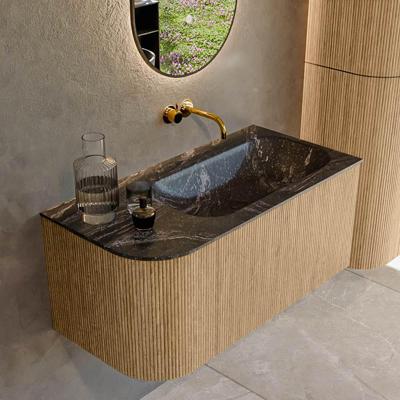 Mondiaz KURVE-DLUX 95 cm Onderkast Greeploos 1 Lade Met Deuren Oak, Wastafel Solid Surface Rechts Lava 0 Kraangaten Zonder Spiegel (KRVBGS95L1L1D0KR-Oak/Lav)