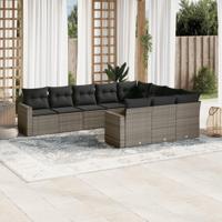 10-delige Loungeset met kussens poly rattan grijs - thumbnail