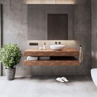 Wastafelbladset Gliss Design Topdek 2x 120x46 cm Oak Cognac Incl. 8 Ophangbeugels Met Waskommen - thumbnail