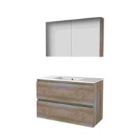 Basic-Line Comfort 46 Badkamermeubelset - 100 x 46 cm - Greeploos - 2 Lades - Keramische Wastafel - 1 Kraangat - Spiegelkast - Scotch Oak - thumbnail