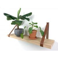 Eiken wandplank massief recht 120 x 30 cm inclusief leren riemen bruin - thumbnail
