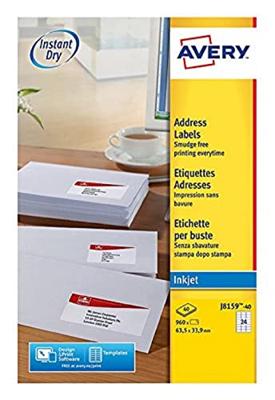 Avery Witte etiketten QuickDry doos van 40 blad, ft 63,5 x 33,9 mm (b x h), 960 stuks, 24 per blad Avery Witte etiketten QuickDry doos van 40 blad, ft 63,5 x 33,9 mm (b x h), 960 stuks, 24 per blad