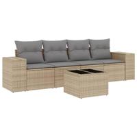 5-delige Loungeset met kussens poly rattan beige - thumbnail
