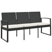 Tuinbank 3-zits met kussens polypropeen rattan zwart - thumbnail