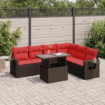 7-delige Loungeset met kussens poly rattan acacia grijs