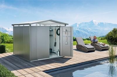 Biohort Panorama Gr. P2 metalen tuinhuis met dubbele deur 273x198 cm zilvergrijs metallic- Zadeldak- Staal- Biohort