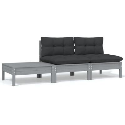 3-delige Loungeset met kussens massief grenenhout grijs 3-delige Loungeset met kussens massief grenenhout grijs