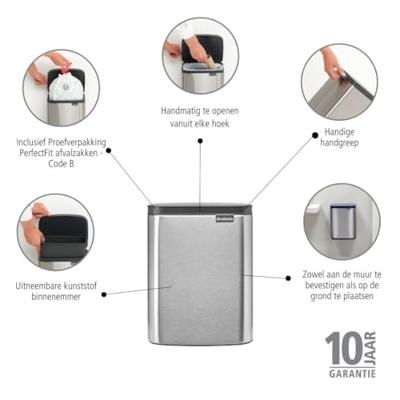 Brabantia Bo afvalemmer 7 liter met kunststof binnenemmer matt steel fingerprint proof Brabantia Bo afvalemmer 7 liter met kunststof binnenemmer matt steel fingerprint proof