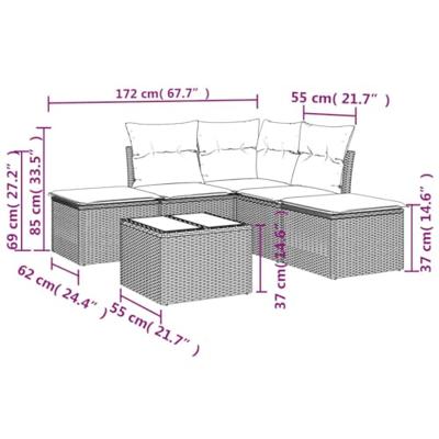 6-delige Loungeset met kussens poly rattan zwart