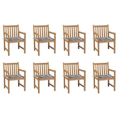 Tuinstoelen 8 st met grijs geruite kussens massief teakhout