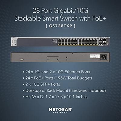 NETGEAR GS728TXP 28-poorts Gigabit/10G Stackable LAN PoE-switch Smart Managed Pro (met 24x PoE+ 195 W, 2x 10G koper en 2x 10G SFP+, desktop- of rekmontage met ProSAFE levenslange garantie) zwart