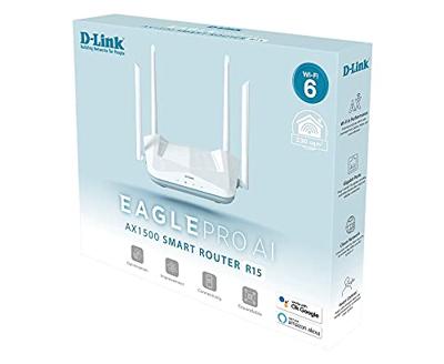 D-Link R15 EAGLE PRO AI AX1500 Smart Router met AI Wi-Fi/Traffic Optimiser, AI Parental Control, Gigabit Poorten, MU-MIMO, 1024 QAM, OFDMA, WPA3, D-Link Wi-Fi Mesh. Werkt met Alexa/Gooogle Assistant.