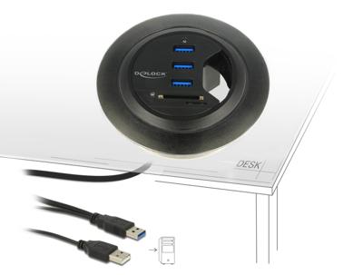 DeLOCK In-Desk Hub 3 Port USB 3.0 + 2 Slot SD Card Reader kaartlezer DeLOCK In-Desk Hub 3 Port USB 3.0 + 2 Slot SD Card Reader kaartlezer