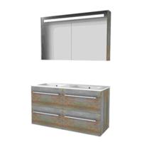 Basic-Line Premium 46 Badkamermeubelset - 120 x 46 cm - Met Grepen - 4 Lades - Keramische Wastafel - 2 Kraangaten - Spiegelkast met LED Verlichting - Scotch Oak - thumbnail