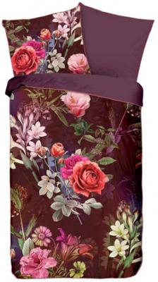 Descanso Dekbedovertrek "bloemen" - Bordeaux - (135x200 cm) - Biologisch Katoen satijn