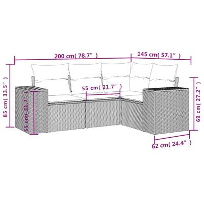4-delige Loungeset met kussens poly rattan lichtgrijs - thumbnail