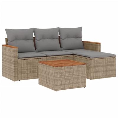 5-delige Loungeset met kussens poly rattan gemengd beige