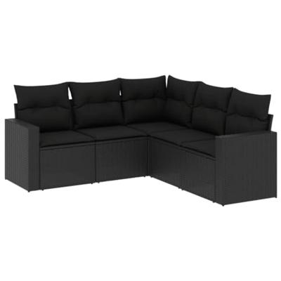 5-delige Loungeset met kussens poly rattan zwart